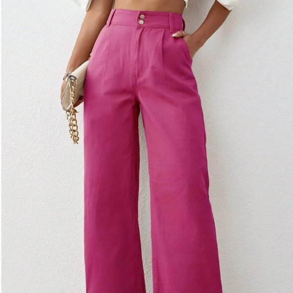 Pink Plain Womens Solid High Waist Wide Leg Jeans - Picture 4 of 5